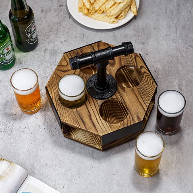 Burnt Solid Wood Octagon Beer Flight Serving Caddy with Metal Pipe Handle,Beer Glasses and Chalkboard Label Panel-MyGift