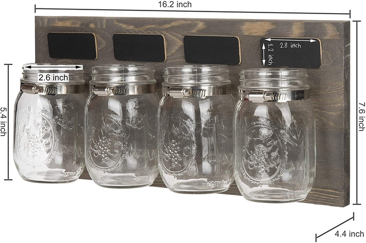 Rustic Brown Wood Wall-Mounted Organizer with 4 Mason Jars and Chalkboard Labels-MyGift