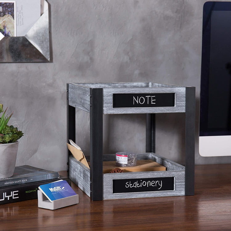 Rustic Dark Gray Wood and Metal Desktop Document Trays with Chalkboard Labels-MyGift