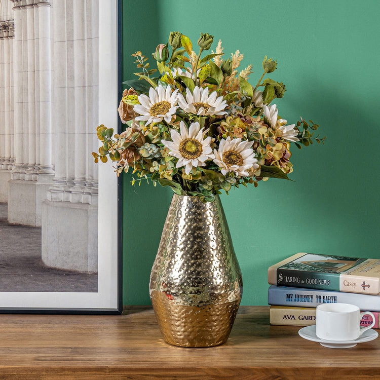 10 inch Tall Brass Tone Metal Flower Vase with Pebbled Texture, Hammered Centerpiece Holder for Floral Arrangements-MyGift