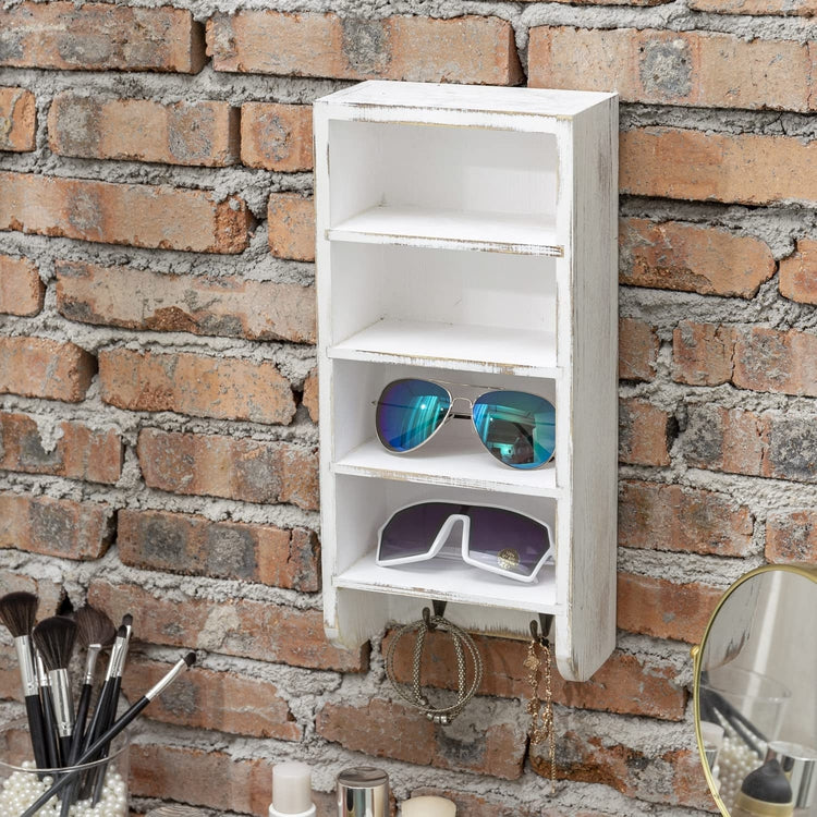 Wall Mounted Whitewashed Wood Sunglass Display Rack, Hanging Eyewear Case Holder with 4 Cubbies and 2 Metal Key Hooks-MyGift