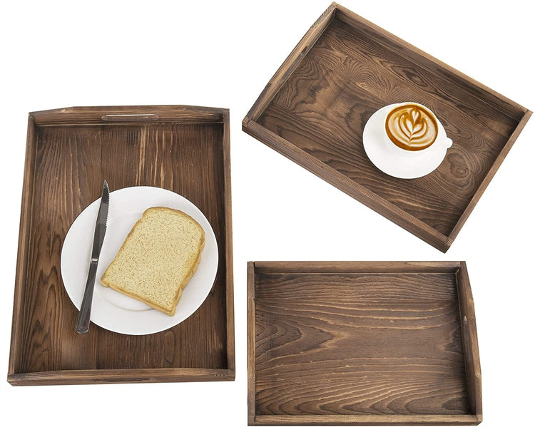 Set of 3 Nesting Brown Wood Serving Trays with Cutout Handles-MyGift