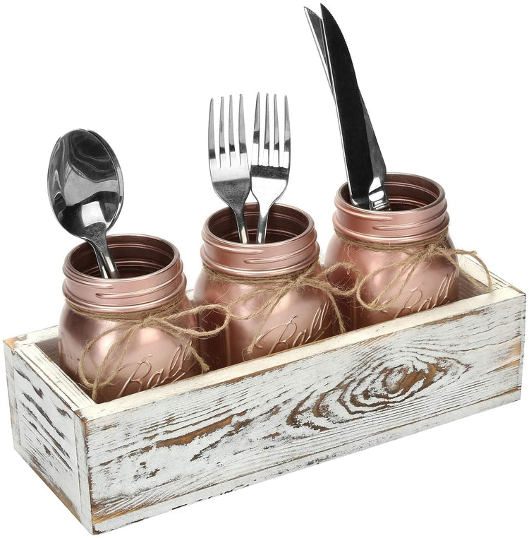 Brass Glass, 4-Piece Set Mason Jars with Rustic String in Whitewashed Torched Wood Box Tray-MyGift
