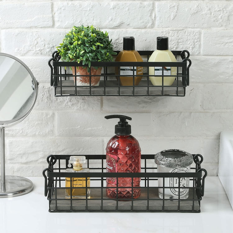 Storage Baskets with Handles, Black Metal Wire and Gray Wood Rectangular Wall Baskets, Set of 2-MyGift