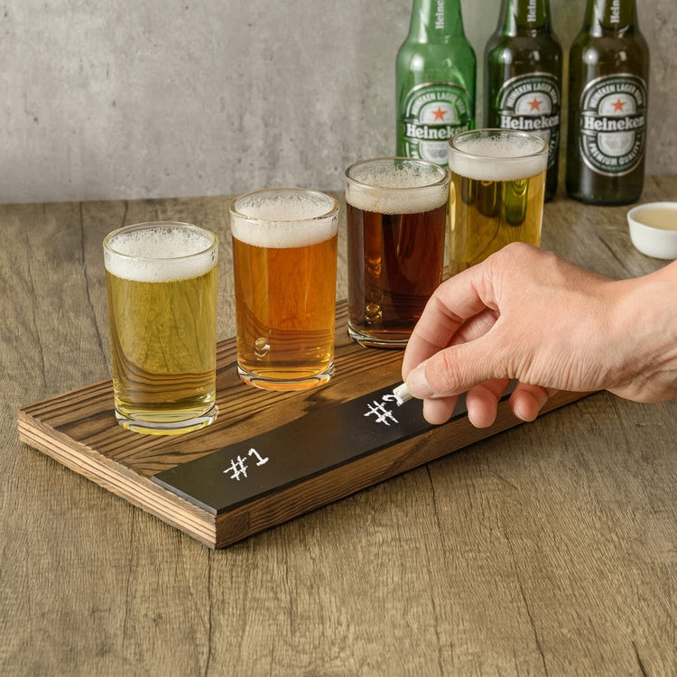 Beer Flight Board Set Includes 4 Tasting Beer Glasses, Burnt Wood Serving Tray with Chalkboard Panel-MyGift