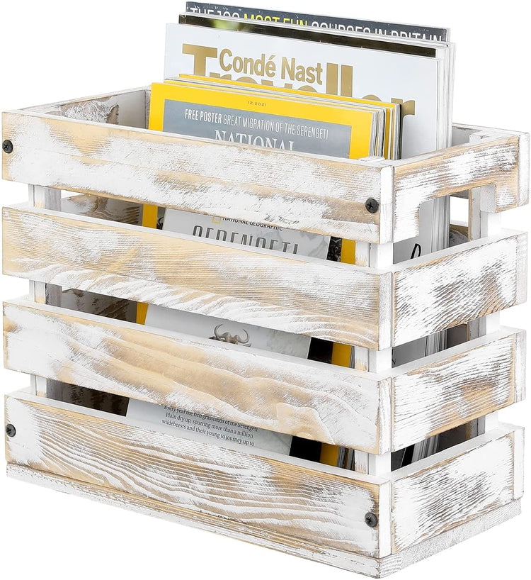 Wooden Magazine Holder, Crate Style Whitewashed Wood Storage Bin with Handles-MyGift