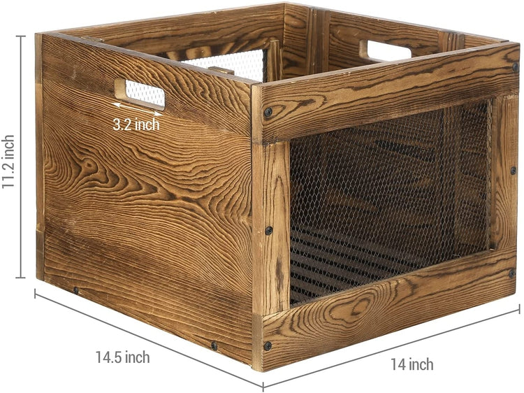 Burnt Wood Vinyl LP Record Album Holder Storage Crate with Metal Mesh Chicken Wire Sides and Handles-MyGift