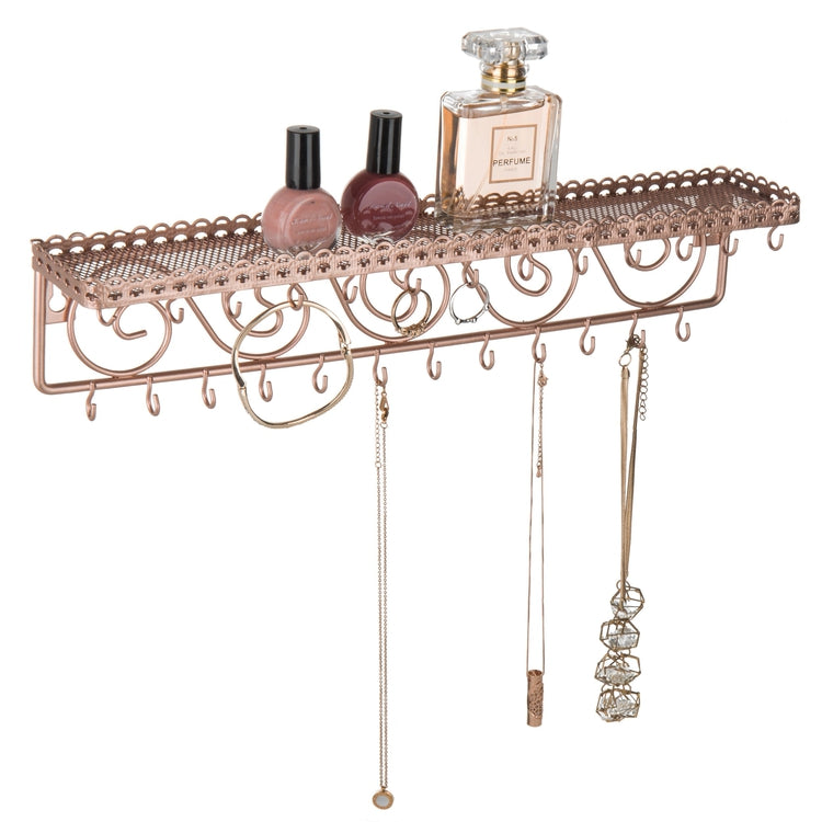 Rose Gold Metal Jewelry Rack with 25 Hooks, Wall Mounted Scrollwork Cosmetics Shelf-MyGift