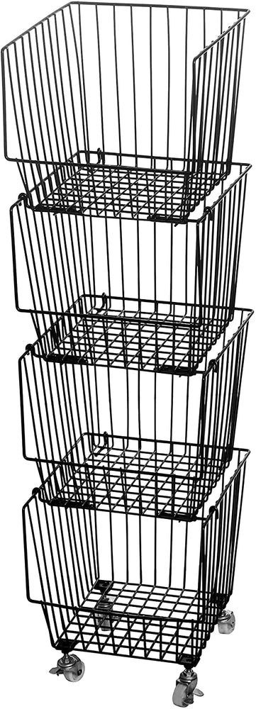 4-Tier Black Metal Wire Stackable Storage Baskets with Wheels, Rolling Organizer Bins-MyGift