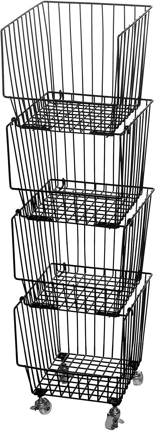 4Tier Black Metal Wire Stackable Storage Baskets with Wheels, Rolling MyGift