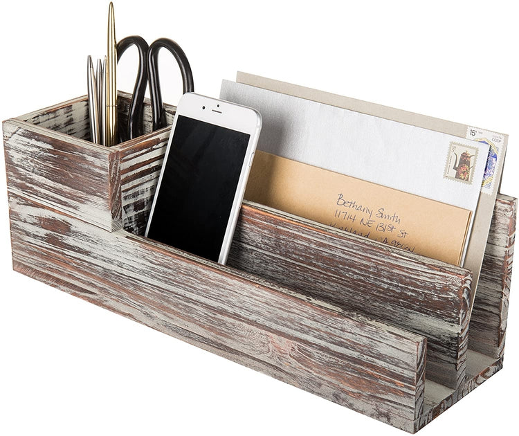 Rustic Torched Wood Desktop Office Supplies Caddy & 2 Slot Mail Organizer-MyGift