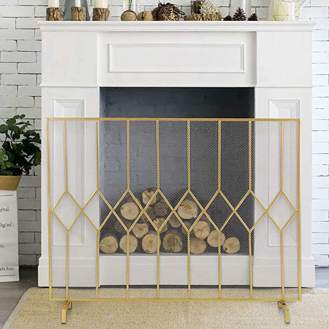 Gold Tone Metal Art Deco Single Panel Fireplace Screen, Freestanding Mesh Grate Fire Spark Guard Protector Cover, 39 x 31 Inch-MyGift