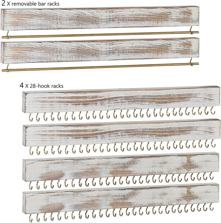 Set of 2, 3-Piece Wall Mounted Rustic Whitewashed Wood Jewelry Racks-MyGift