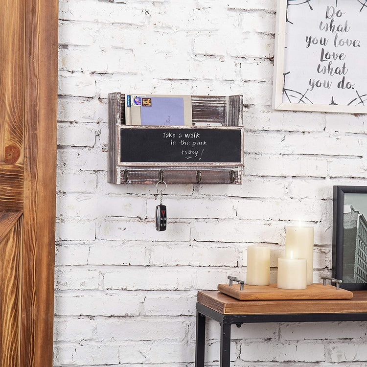 Torched Wood Mail Holder Office Organizer with 4 Key Hooks & Wall Mounted Chalkboard-MyGift