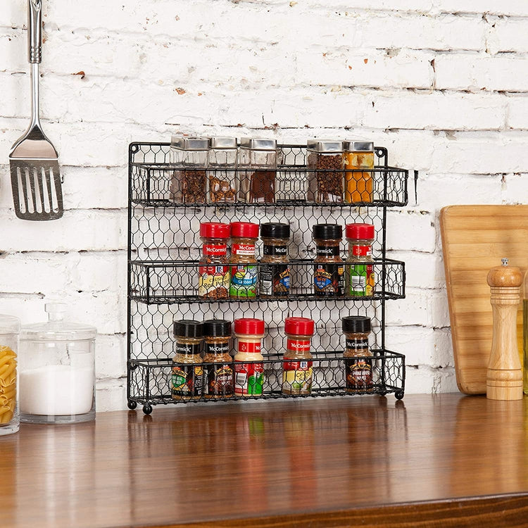 3 Tier Industrial Spice Rack, Matte Black Metal and Burnt Wood