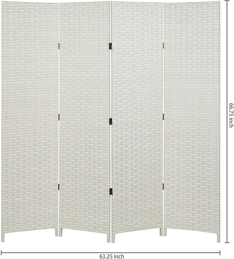 White Folding Wood Room Divider, Standing 4-Panel Woven Privacy Screen-MyGift