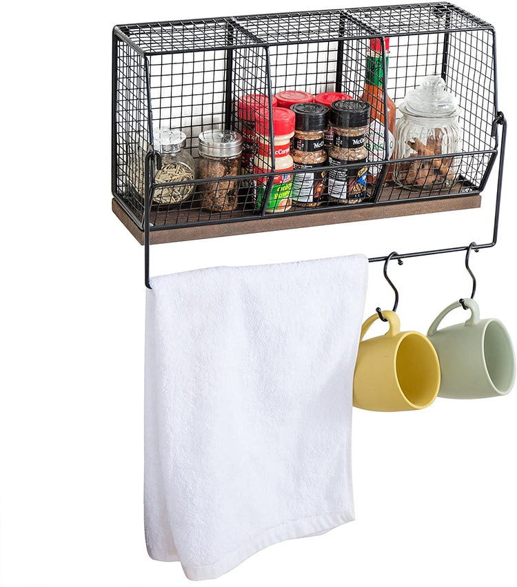 Wall-Mounted Chicken Wire Kitchen Organizer Shelf Rack, Fruit Storage Basket with Towel Bar and 4 S-Hooks-MyGift