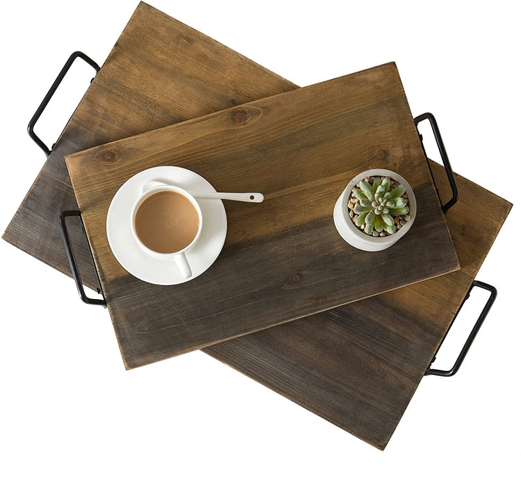 Set of 2 Aged Wood Plank Serving Trays with Metal Handles-MyGift