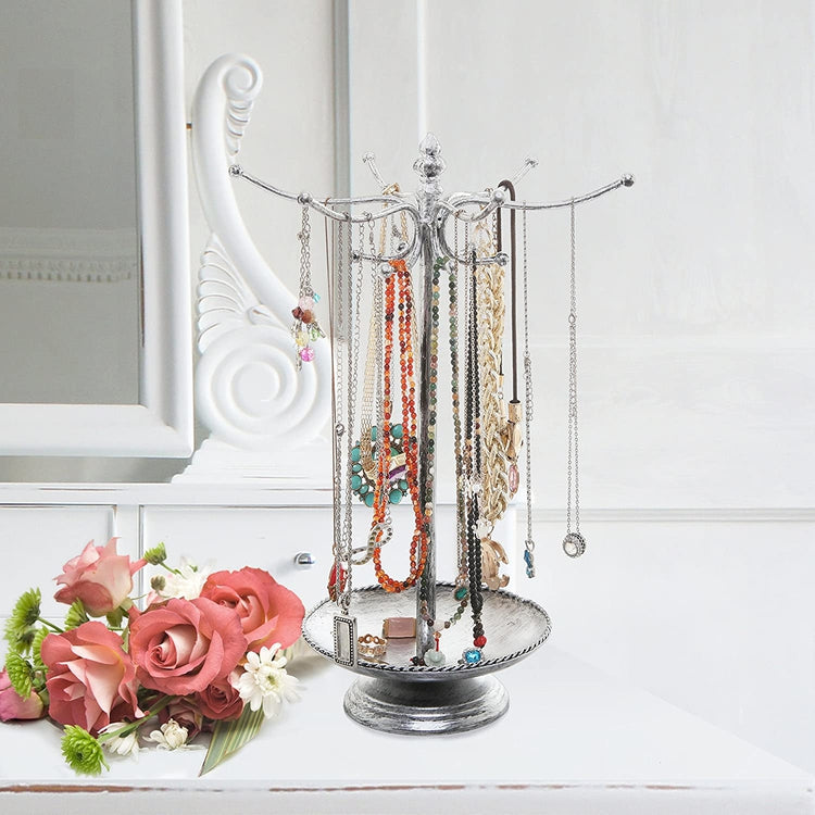 Victorian Style Silver Metal Jewelry Organizer Rack Stand with Ring Dish Tray-MyGift