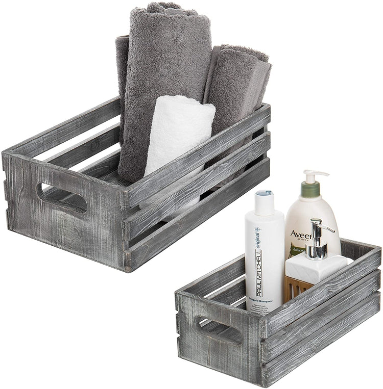 Set of 2, Rustic Dark Gray Nesting Boxes, Wood Storage Crates w/ Handles-MyGift