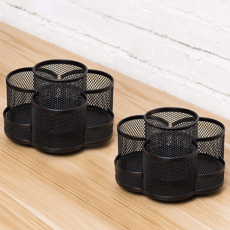 Set of 2 Rotating Black Metal Mesh Office Supplies Organizer, Desktop Stationary Storage Caddy-MyGift