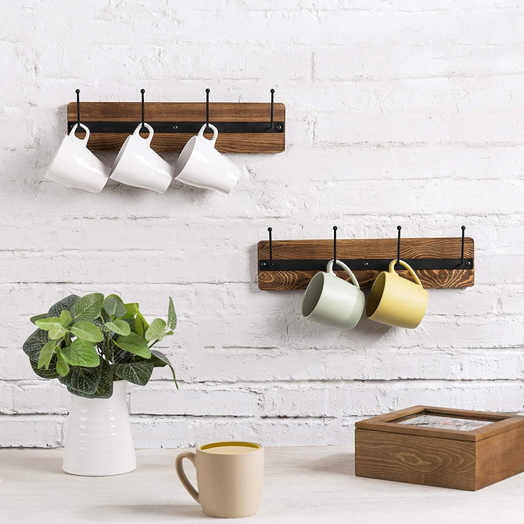 Set of 2, Rustic Burnt Wood & Metal Wall Mounted 4-Hook Mug Racks-MyGift