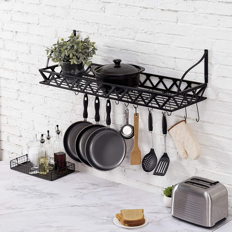 MyGift 36-Inch Wall Mounted Black Metal Kitchen Cookware Storage Rack/Floating Pot Hanger Shelf with 12 Removable Hooks