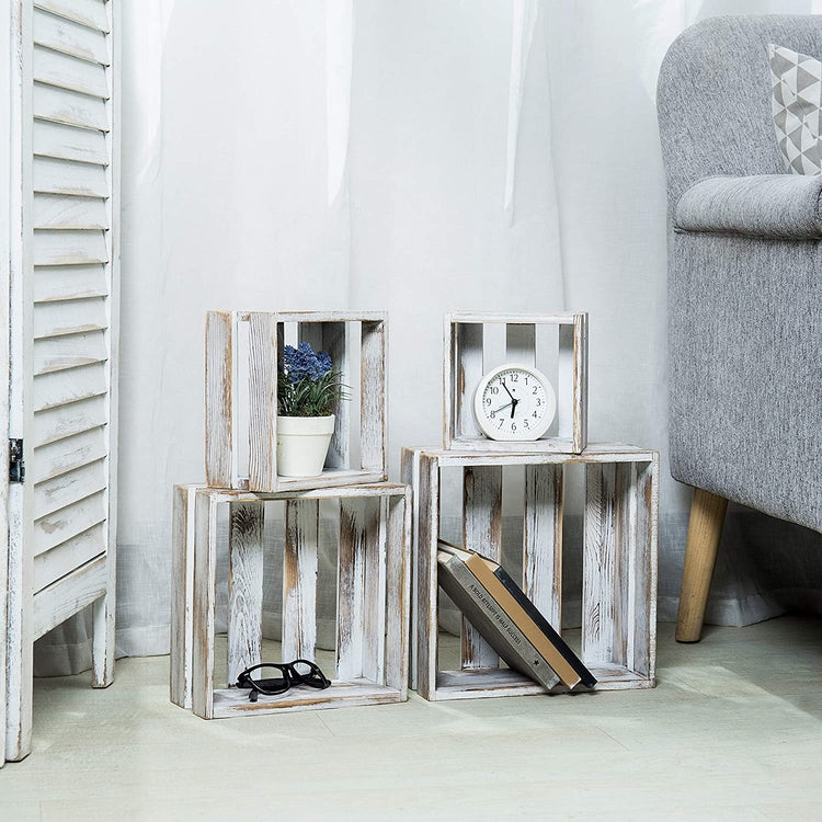 Set of 4, Whitewashed Wood Nesting Riser Stands, Wood Storage Crates-MyGift