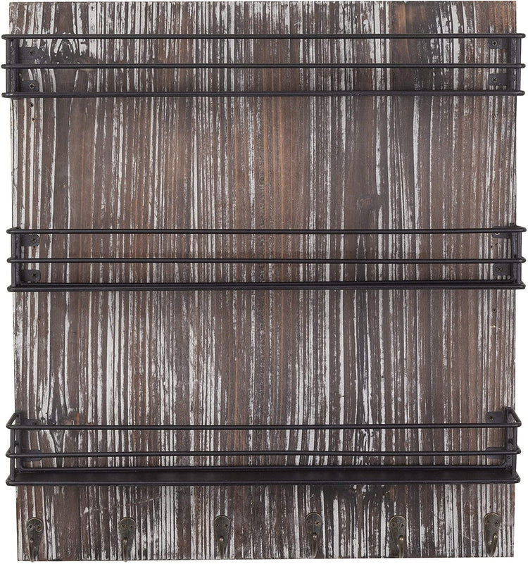 3-Tier Torched Wood and Black Metal Wire Shelves, Wall-Mounted Spice Rack with 6 Hooks-MyGift