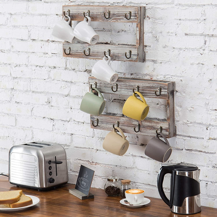 Set of 2 Wall Mounted Torched Wood Finish Coffee Mug Hanging Racks with 8 Hooks-MyGift