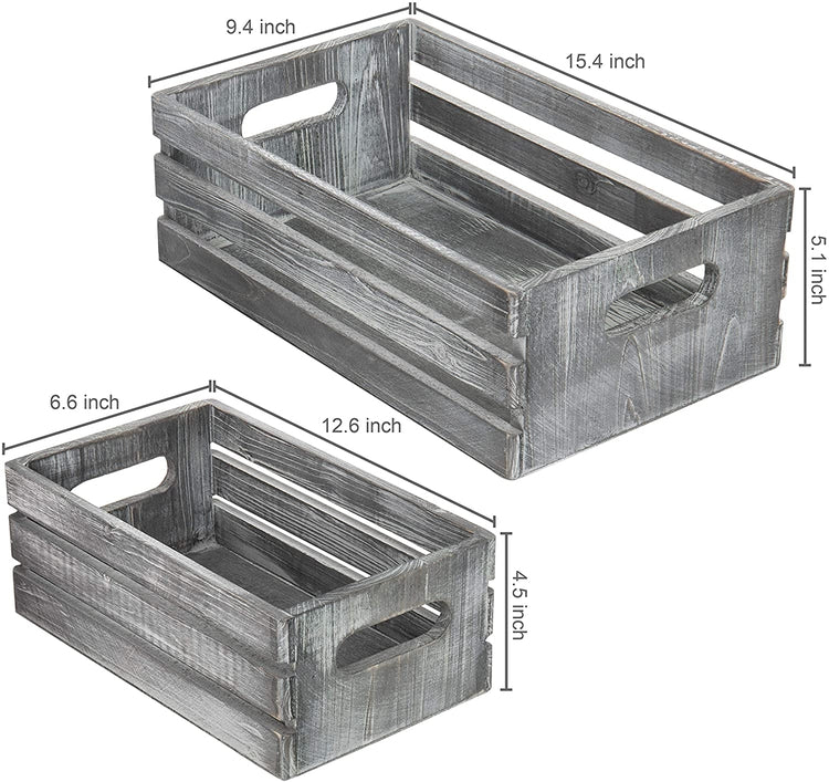 Set of 2, Rustic Dark Gray Nesting Boxes, Wood Storage Crates w/ Handles-MyGift