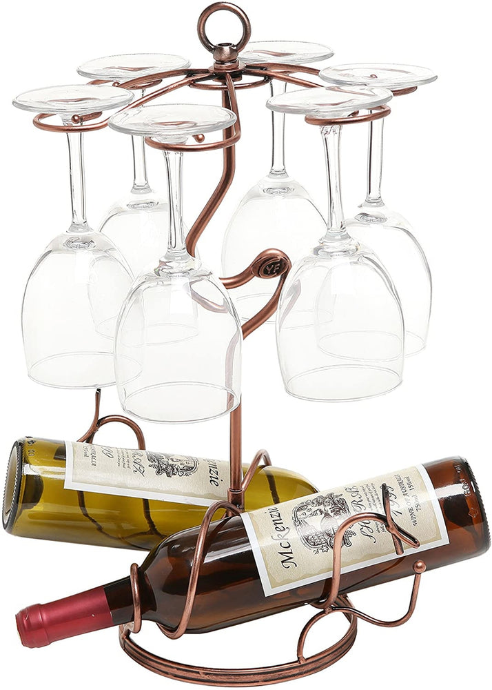 Bronze Metal Tabletop 2 Wine Bottle Rack and 6 Glass Stemware Holder-MyGift