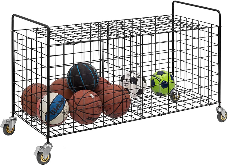 2-Compartment Black Metal Rolling Sports Ball & Gym Equipment Storage Cart-MyGift