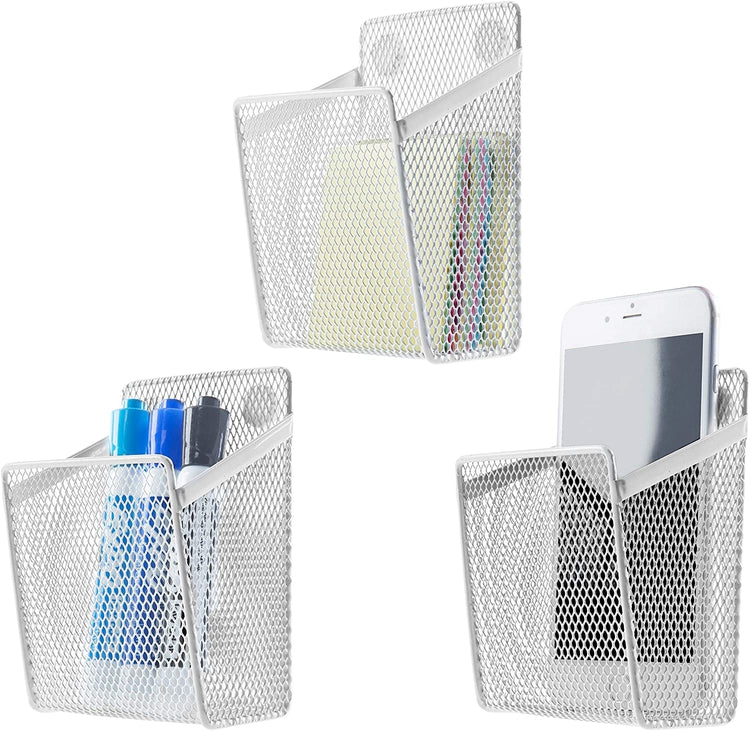 Set of 3, White Wire Mesh Magnetic Storage Baskets, Office Supply Organizers-MyGift