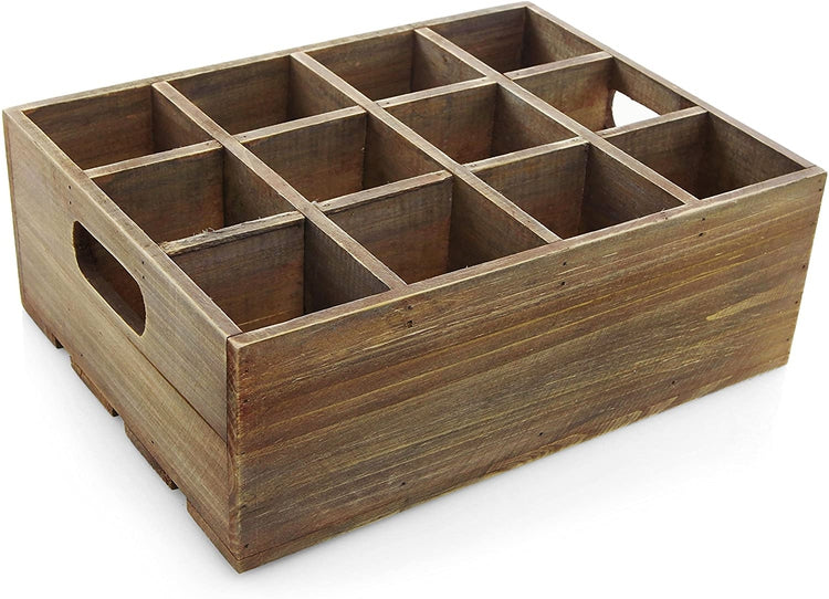 Rustic 12 Slot Beer Bottle Serving Crate, Brown Wood Beer Storage Box with Carrying Handles-MyGift