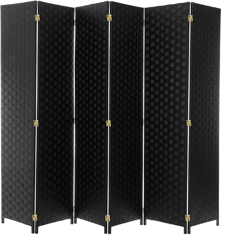 6-Foot Black Woven Paper Rattan 6-Panel Room Divider with Two-Way Hinges-MyGift