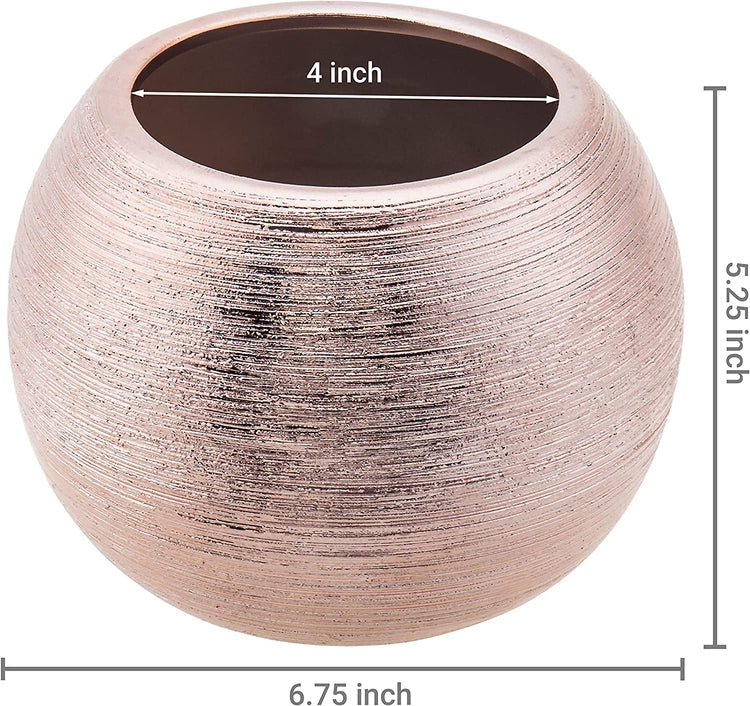 7-Inch Round Rose Gold-Tone Metallic Ceramic Flower Pot, Decorative Bowl Vase-MyGift