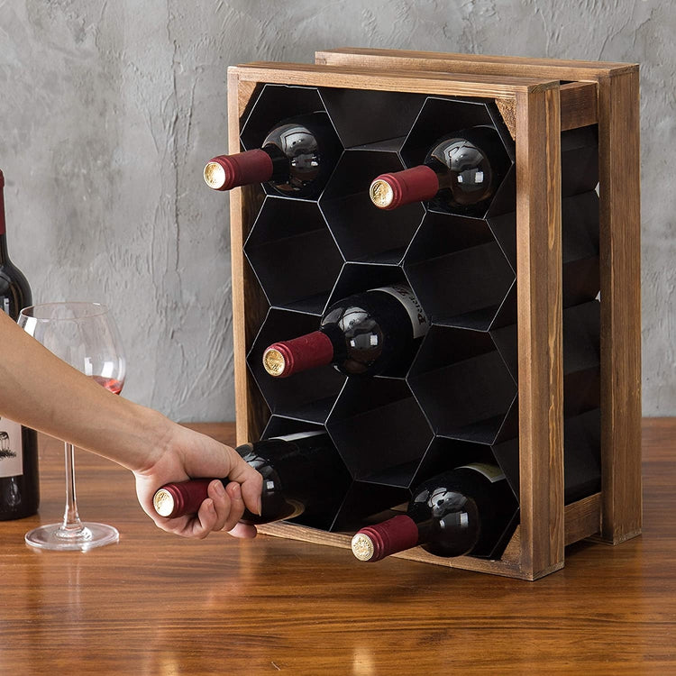 11-Bottle, Wood and Metal Countertop Honeycomb Design Wine Rack-MyGift