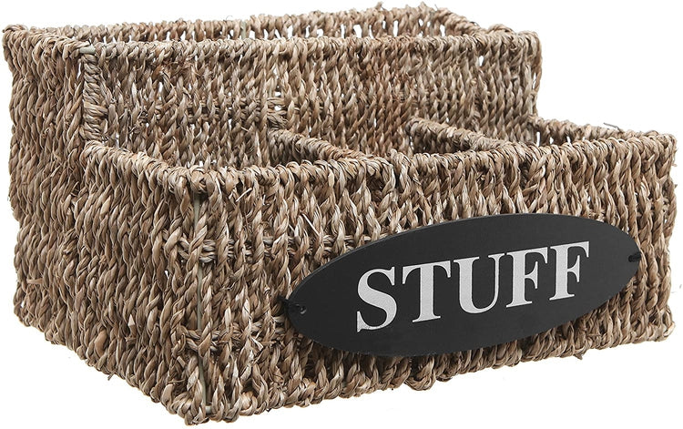 Beige Woven Seagrass Basket Organizer Shelf with 'STUFF' Letter Design, Desktop Multipurpose Storage Bin-MyGift