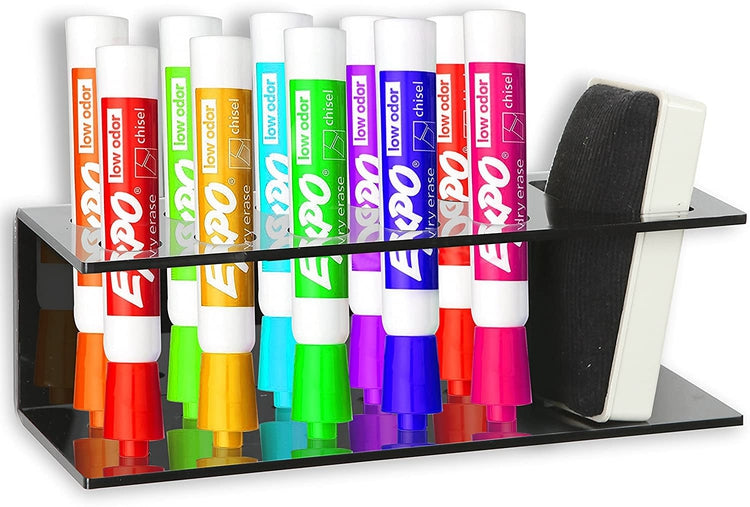 Black Acrylic Wall Mountable 10 Slot Dry Erase Marker and Eraser Holder Organizer Rack-MyGift