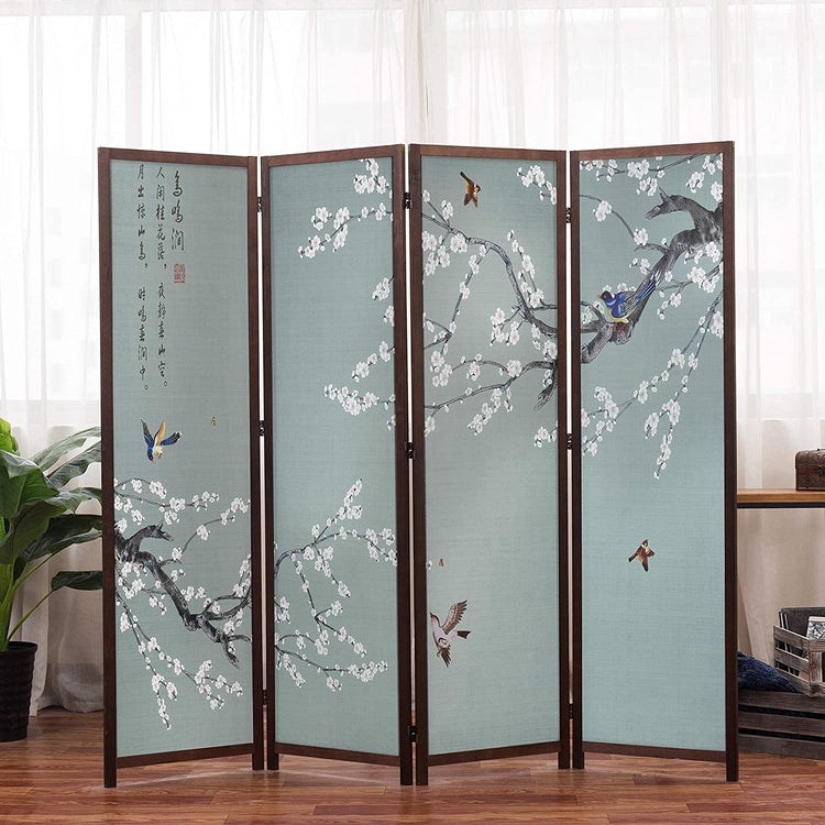 4-Panel Asian-Inspired Folding Room Divider with Cherry Blossom Tree, Bird Design Poetry Calligraphy, Brown Wood Frame-MyGift