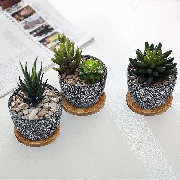 Set of 3 Dark Gray Small Speckled Glaze Succulent Planter Flower Pot with Bamboo Saucers-MyGift