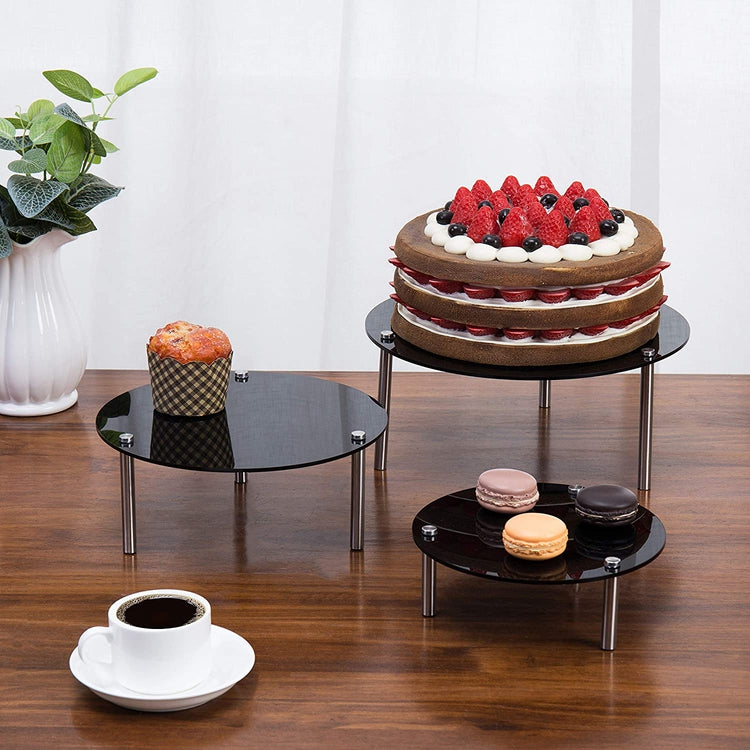 Set of 3 Round Black Acrylic Server Dessert & Bakery Display Riser Stands-MyGift