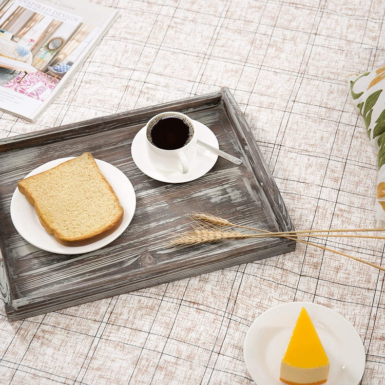 Rustic Torched Wood Breakfast Serving Tray w/ Cutout Handles-MyGift