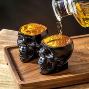 Set of 6, Skull Shaped Shot Glasses in Matte Black and Gold Tone, Spooky Halloween Skeleton Face Liquor Shooter Glass-MyGift