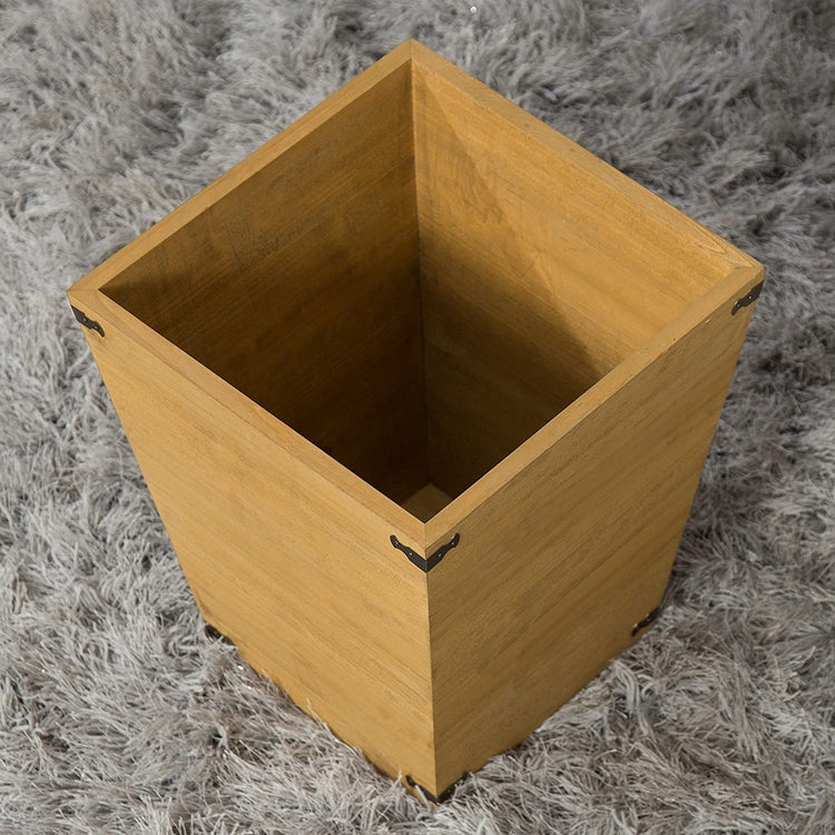 Brown Wood Waste Bin, Small Trash Can with Decorative Metal Brackets-MyGift