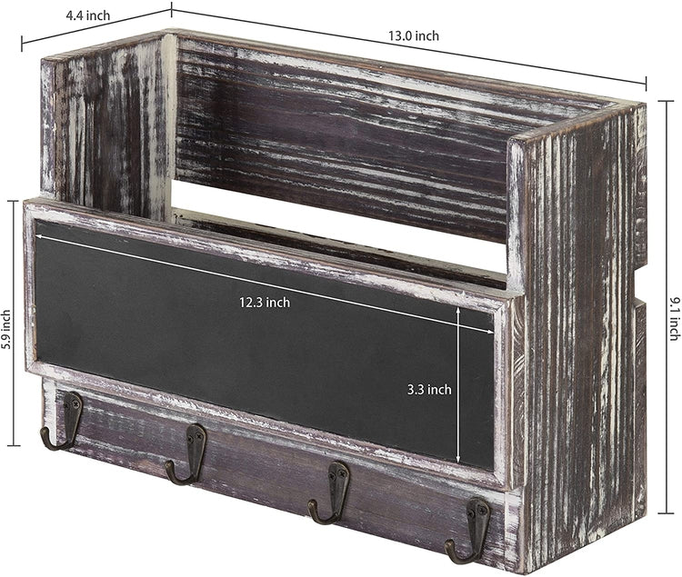 Torched Wood Mail Holder Office Organizer with 4 Key Hooks & Wall Mounted Chalkboard-MyGift