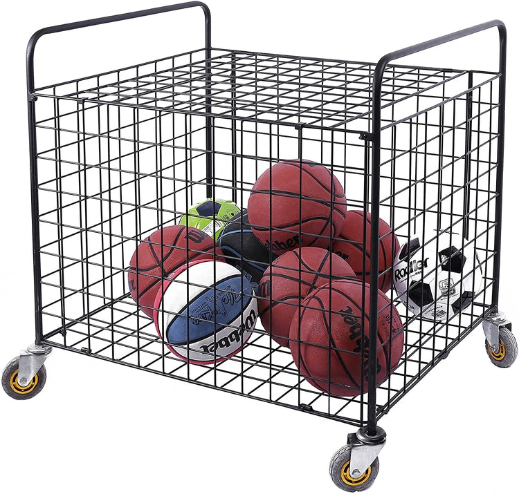 Black Metal Rolling Multi Sports Ball Storage Hopper & Basketball, Football, Soccer Equipment Cart-MyGift