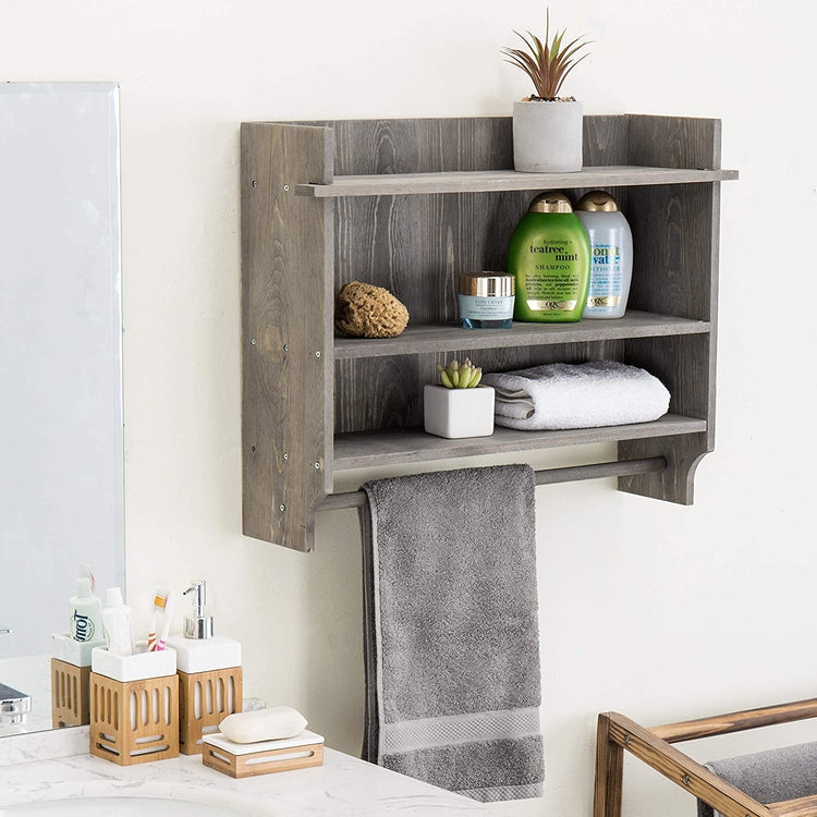 Rustic Gray Wood 3-Tier Bathroom Organizer Shelf with Towel Bar, Wall Mounted Towel Rack-MyGift