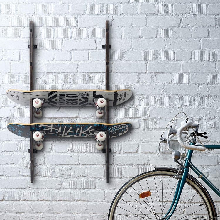 5-Slot Vintage Gray Wood Wall Mounted Skateboard Display Storage Rack-MyGift